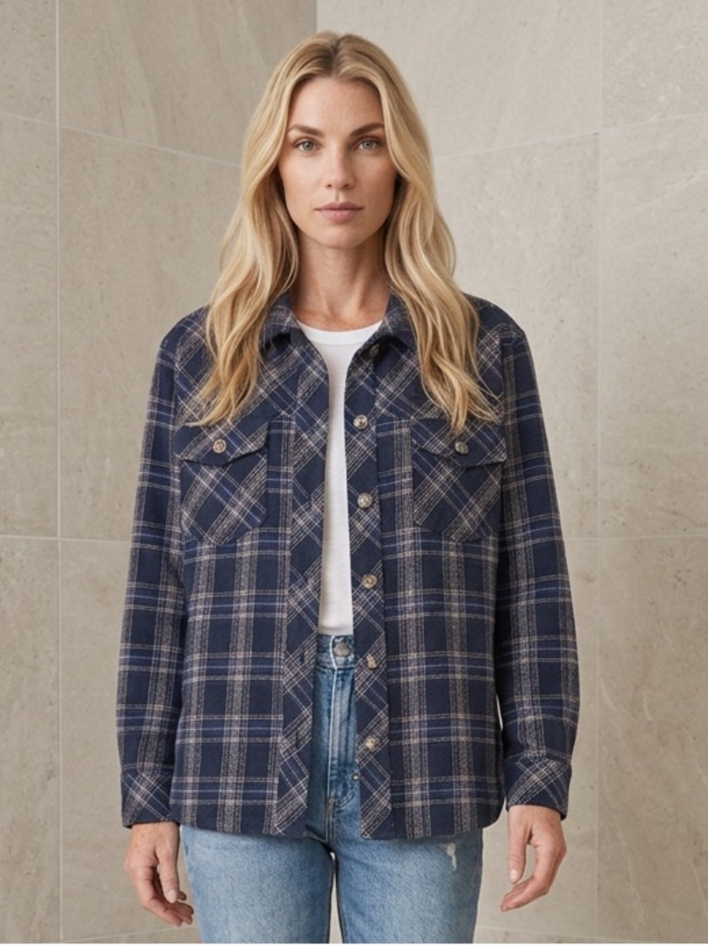 Sanctuary Plaid Shacket Navy Blue Flannel Shirt ~ Size Small Excellent Condition